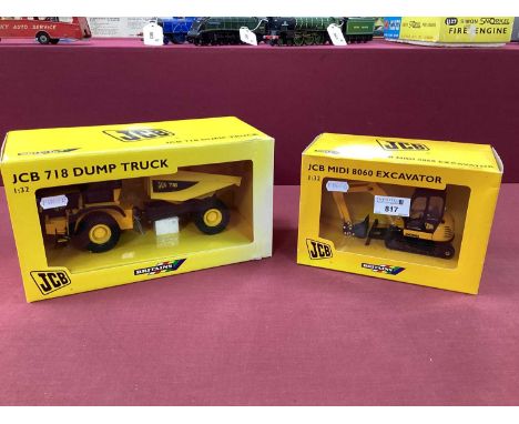 Two Britains 1:32 Scale Diecast Model Plant Machinery Vehicles comprising of JCB MIDI 8060 Excavator, JCB 718 Dump Truck, box