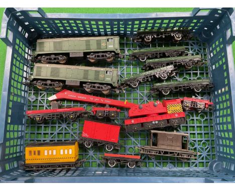 An 00 gauge breakdown train including two Lima class 20 diesel locomotives, a Hornby breakdown crane and match trucks, a brak