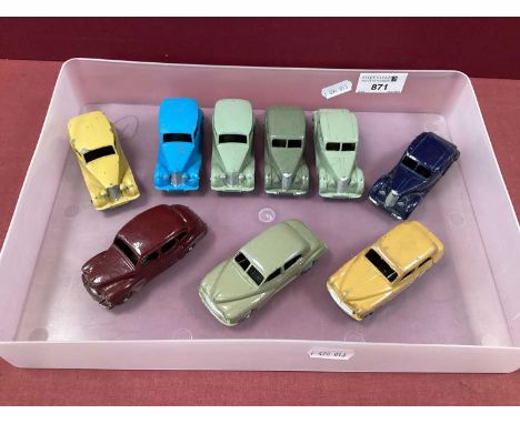 Nine Original Dinky 40 Series Die-cast Vehicles, including three Riley/ three Triumph and three others, some harder to find c