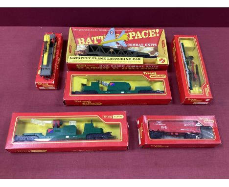 Six boxed items of Triang and Triang-Hornby "Battle Space" 00 gauge rolling stock, including Helicopter Launch Car with Helic