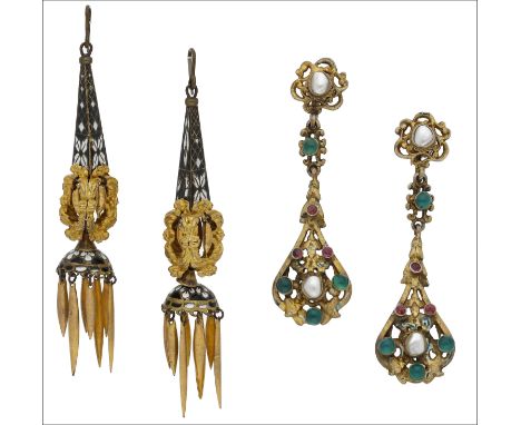 A pair of chandelier ear pendants and a pair of gem-set ear pendants, the first pair with pyramidal surmounts, black and whit