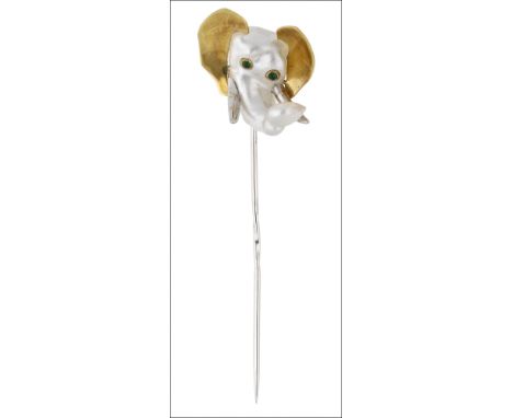 An 18ct gold cultured pearl stick pin, the baroque-shaped cultured pearl forming an elephant’s head, with polished ears and t