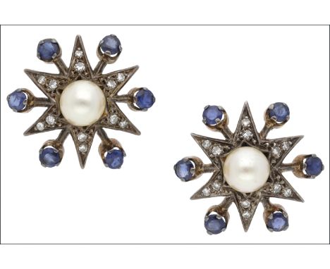 A pair of diamond, sapphire and cultured pearl star earrings,  each composed of a six rayed star set throughout with single-c