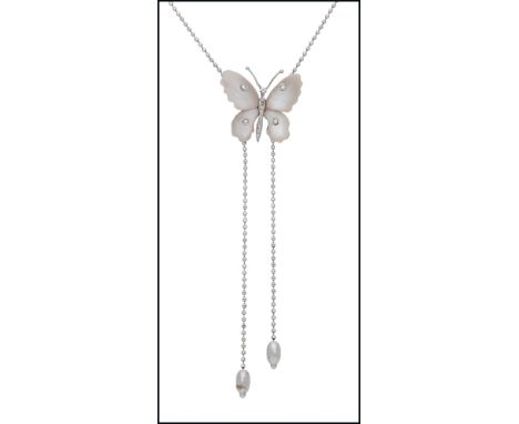 A mother-of-pearl and diamond butterfly negligee pendant, the carved butterfly with brilliant-cut diamond thorax, abdomen and