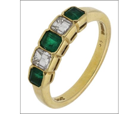 An 18ct gold emerald and diamond five stone ring, collet set with alternating octagonal-cut emeralds and diamonds, hallmarked