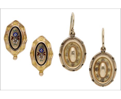 Two pairs of 19th century ear pendants, the first pair with vari-coloured enamel floral decoration, the second pair of oval f