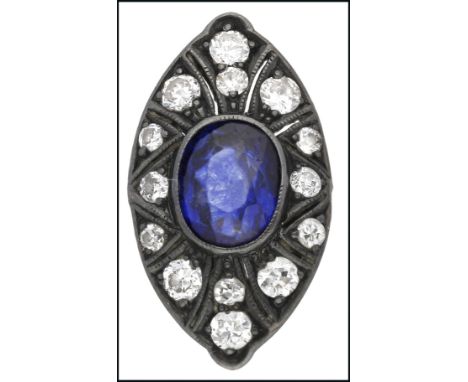 A sapphire and diamond marquise cluster, set with a cushion-shaped sapphire within a surround of old-cut diamonds, previously