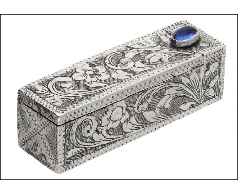 An Italian silver lipstick holder, engraved with foliate decoration and blue stone cabochon push button, with hinged interior