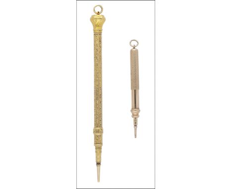 Two propelling pencils, including a late 19th century French gold pencil with engraved decoration throughout, with eagle’s he