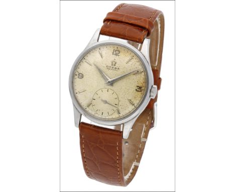 Omega. A stainless steel wristwatch, circa 1945 Movement: manual winding, 15 jewels, no. 10366423 Dial: silvered, Arabic and 
