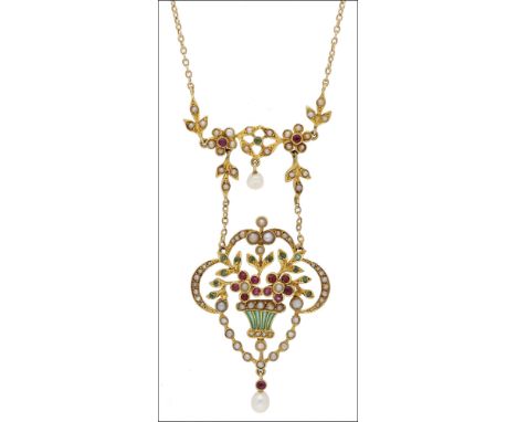 A late 19th/early 20th century gold mounted gem set pendant, the giardinetto-style pendant with green enamelled basket suppor