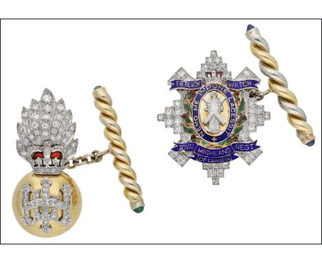 Regimental interest: A pair of matched diamond and enamelled Regimental cufflinks, for the Black Watch (Royal Highland Regime