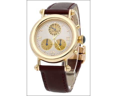 Cartier. A gold chronograph wristwatch with date, Ref. 1400, Diabolo Chronoflex, circa 1990 Movement: quartz. Dial: cream, gi