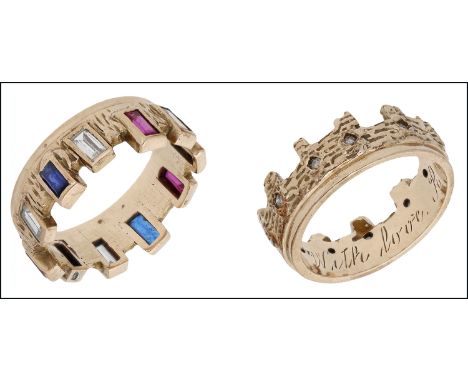 An interlocking gem-set double ring, each ring with textured finish and designed as interlocking crowns, the first set with b