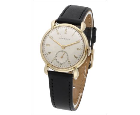 Longines. A gold wristwatch with tear-drop lugs, circa 1945 Movement: cal. 10L manual winding, 17 jewels, no. 7108513 Dial: s