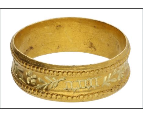 A late Medieval gold posy ring, bead edged, inscribed to the exterior in black letter script ‘DE BON COER’, translating from 