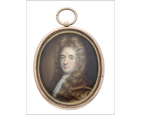 A late 17th century oval portrait miniature depicting Jean-Francoise Colbert, attributed to Petitot, facing left, in brown cl