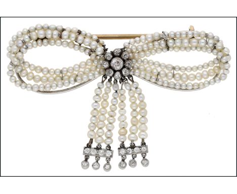 An early 20th century pearl and diamond bow brooch, the triple row of seed pearls to a bow framework, with central millegrain