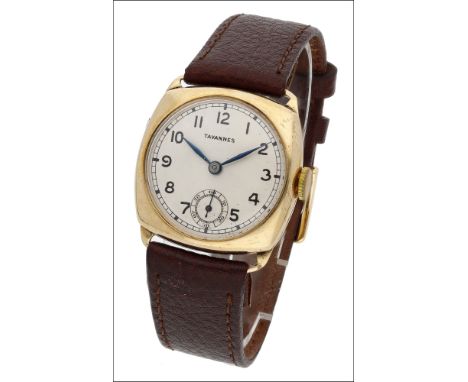 Tavannes. A gold cushion-form wristwatch, 1937 Movement: damascened, manual winding, 15 jewels, no. 284858 Dial: silvered, Ar