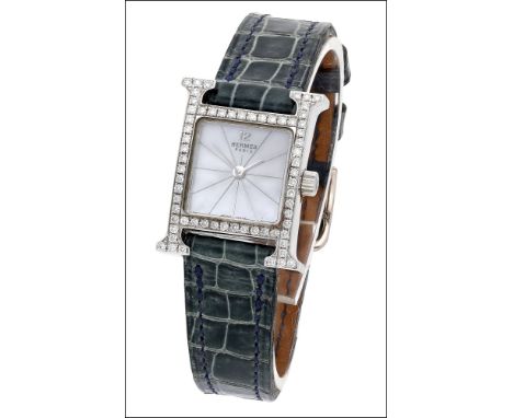 Hermès. A lady’s white gold and diamond-set rectangular wristwatch with mother-of-pearl dial, Ref. HH1.191, Heure H, circa 20