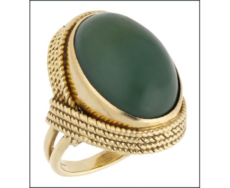 A hardstone dress ring, collet set with an oval green hardstone cabochon within wraparound ropetwist surround, between bifurc