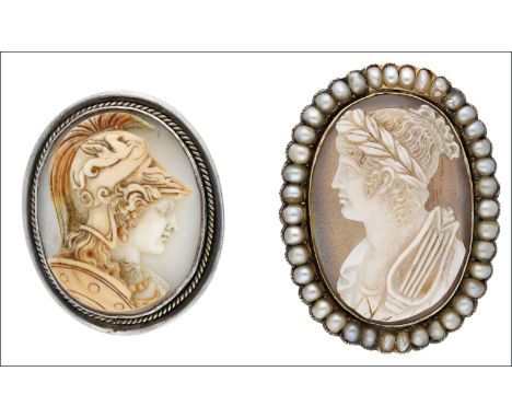 Two cameo brooches, the first hardstone cameo brooch carved to depict the Greek god Apollo, god of archery, music, and dance,