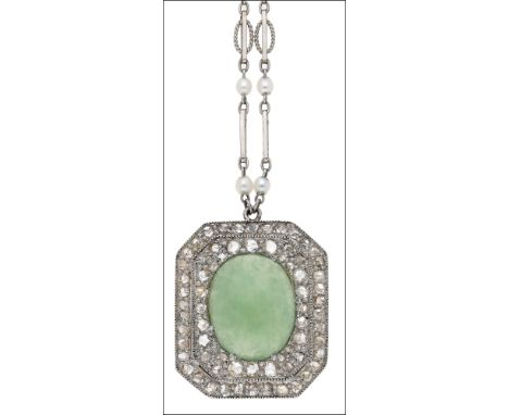 An early 20th century jade and diamond pendant on see pearl-set long chain, the pendant of rectangular form with canted corne
