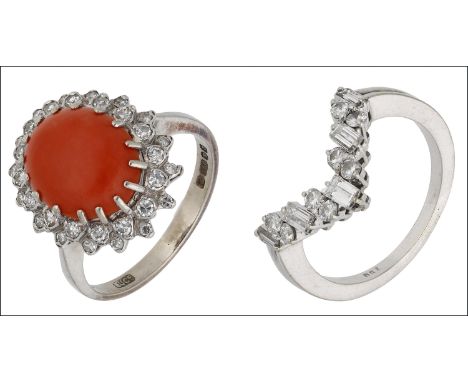 A coral cabochon and diamond cluster ring and a diamond set wishbone ring, the oval Corallium rubrum cabochon claw set within