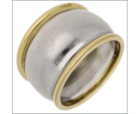 A domed band ring, the bi-colour broadly tapered band plain polished and stamped ‘PT90X10’, ring size M½. £300-£400