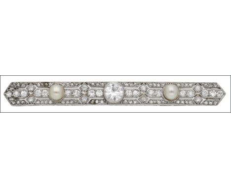 A pearl and diamond bar brooch, circa 1915, set with an old brilliant-cut diamond within a pierced surround of lozenge design
