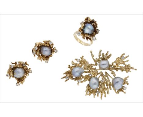 A cultured pearl brooch, ring and earring suite, each of abstract cluster design, set with baroque pearls, the ring with old 