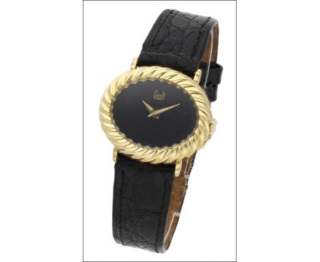 Graff. A lady’s gold oval wristwatch, Ref. 4042, circa 1974 Movement: cal.4431 manual winding, 17 jewels Dial: black Case: 18