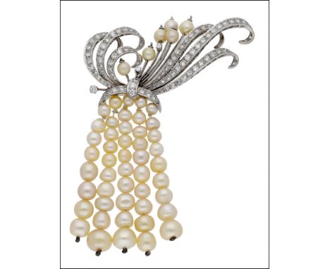 A mid 20th century diamond and natural pearl tassel brooch, the single-cut diamond spray of scroll design, set with six pearl