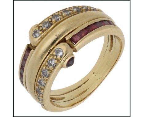 A ruby and diamond dress ring by Avakian, of wraparound design, set to the front with calibré-cut rubies and brilliant-cut di