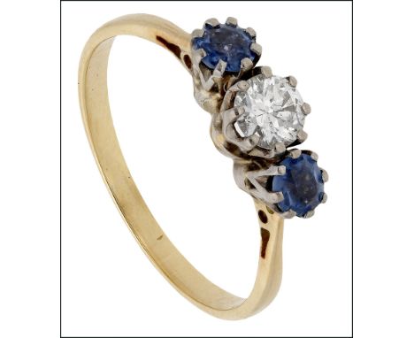 A sapphire and diamond three stone ring, set with a brilliant-cut diamond with a circular-cut sapphire to either side, diamon