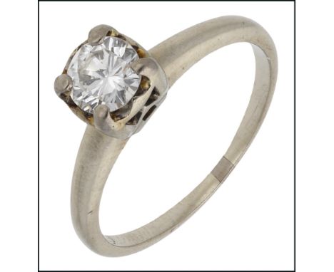 A diamond single stone ring, the brilliant-cut diamond in four-claw setting, to a slightly tapered band, stamped ‘14K’, diamo