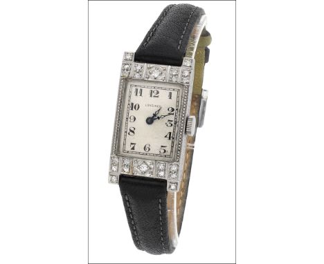 Longines. A lady’s platinum and diamond-set rectangular wristwatch, circa 1925 Movement: manual winding Dial: silvered, Arabi