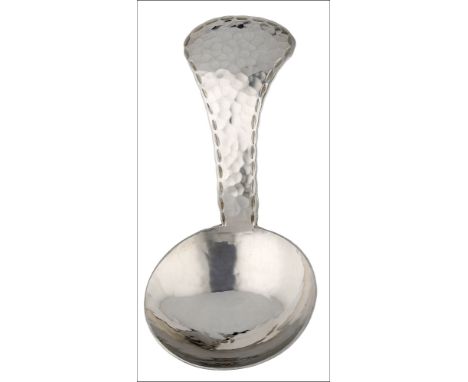 Keswick School of Industrial Art: a steel caddy spoon, with spot hammered finish, the stem edged with stitch detail, reverse 
