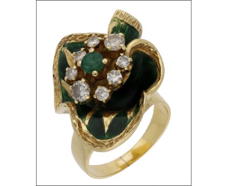 An enamel, diamond and emerald dress ring, diagonally set with an emerald and diamond cluster, within green enamel and textur