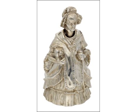 A Scottish silver table bell, by Hamilton & Inches, modelled as an elderly Victorian lady, wearing a crinoline dress, shawl a