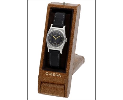 Omega. A steel mid-size tonneau-shaped wristwatch with black dial, circa 1935 Movement: cal. T17 tonneau-form, lever escapeme