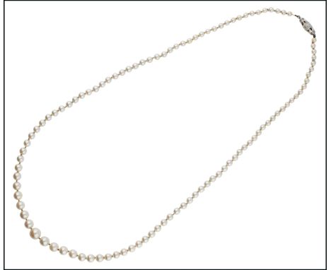 A cultured pearl necklace, circa 1930, the single strand of graduated cultured pearls to a barrel-shaped clasp set with singl