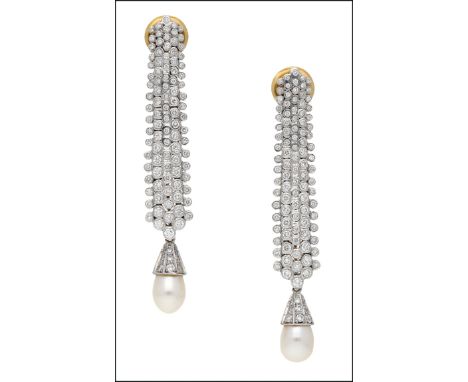 A pair of diamond and cultured pearl ear pendants, the elongated articulated pendants of slightly tapering form, pavé set thr
