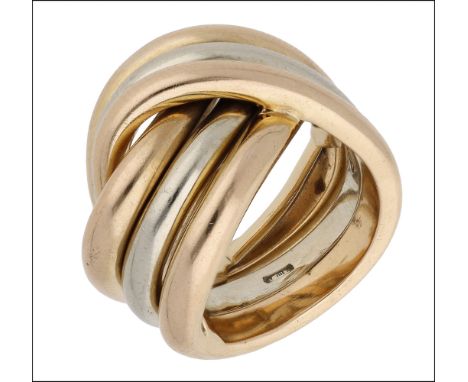 An 18ct gold triple hoop dress ring, comprising one white gold and two rose gold bands, entwined as a triple hoop knot design