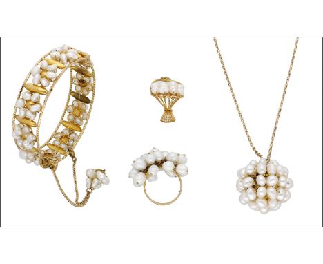 A group of Indian freshwater cultured pearl set jewellery, comprising a hinged bangle, a basket pendant, a tassel cluster rin