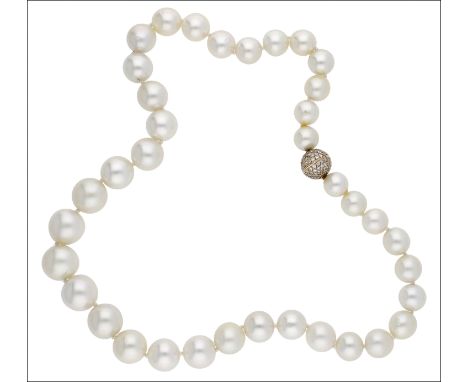 A South Sea cultured pearl necklace, the single strand of slightly graduated pearls to a pavé set diamond spherical clasp, la