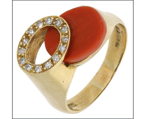 An 18ct gold coral and diamond dress ring, comprising a single-cut diamond set hoop overlapping a corresponding Corallium rub