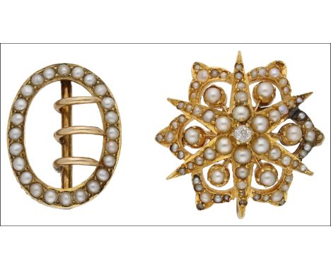 A late Victorian/Edwardian gold half pearl and diamond star brooch/pendant and a gold half pearl buckle, the six-rayed star c