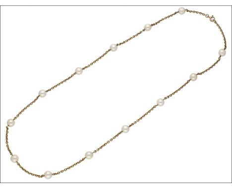 A cultured pearl set chain necklace, the 9ct gold belcher-link chain necklace spaced with cultured pearls, the clasp bearing 