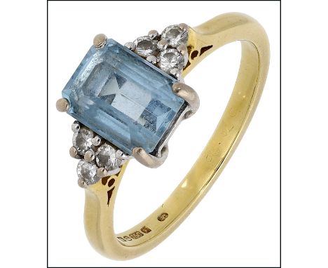 An aquamarine and diamond ring, set with a step-cut aquamarine with three brilliant-cut diamonds to either side, mounted in 1